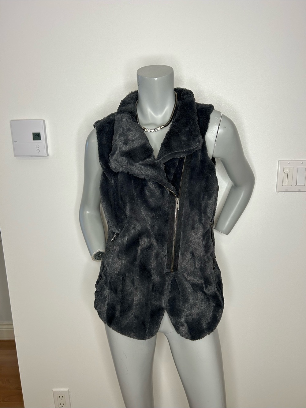 Madden Girl Black Faux Fur Asymmetrical Zip Vest with Wide Collar